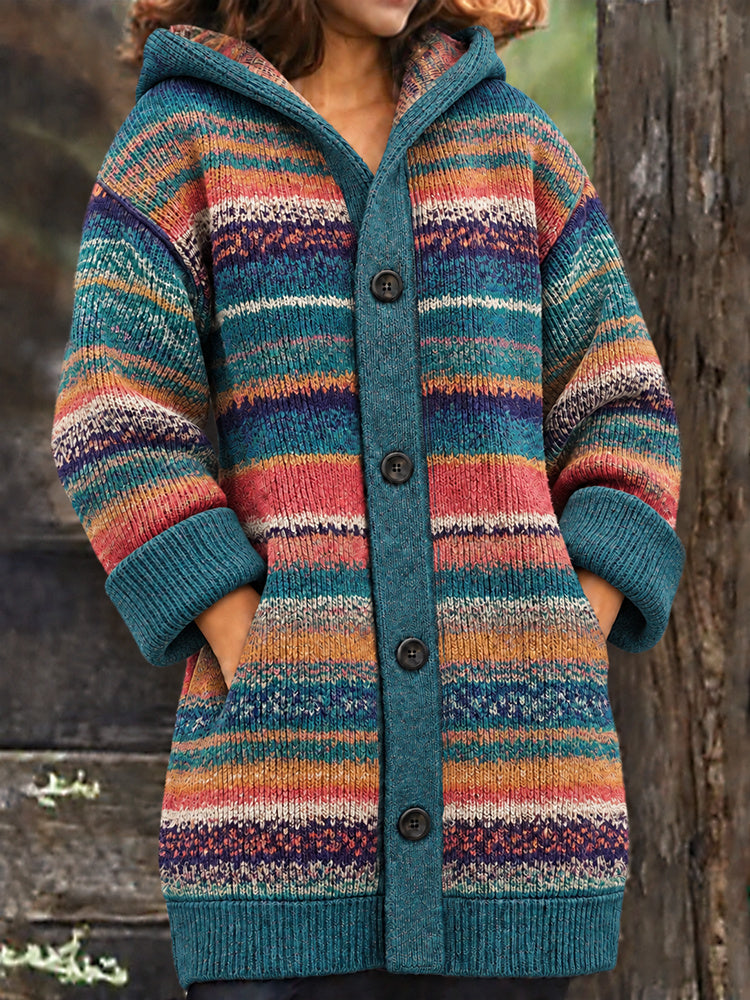 Women's Retro Abstract Striped Art Warmth Knit Hooded Cardigan