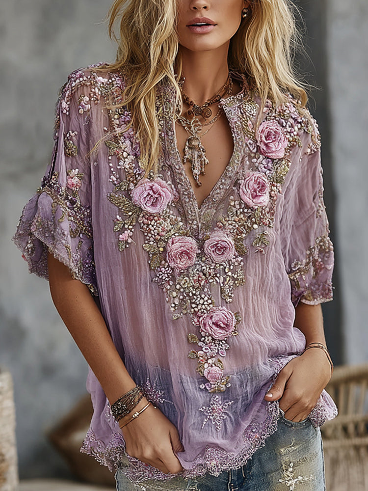 Women's Retro Floral Embroidered Art Flowy Linen Blend Short Sleeve Casual Tops