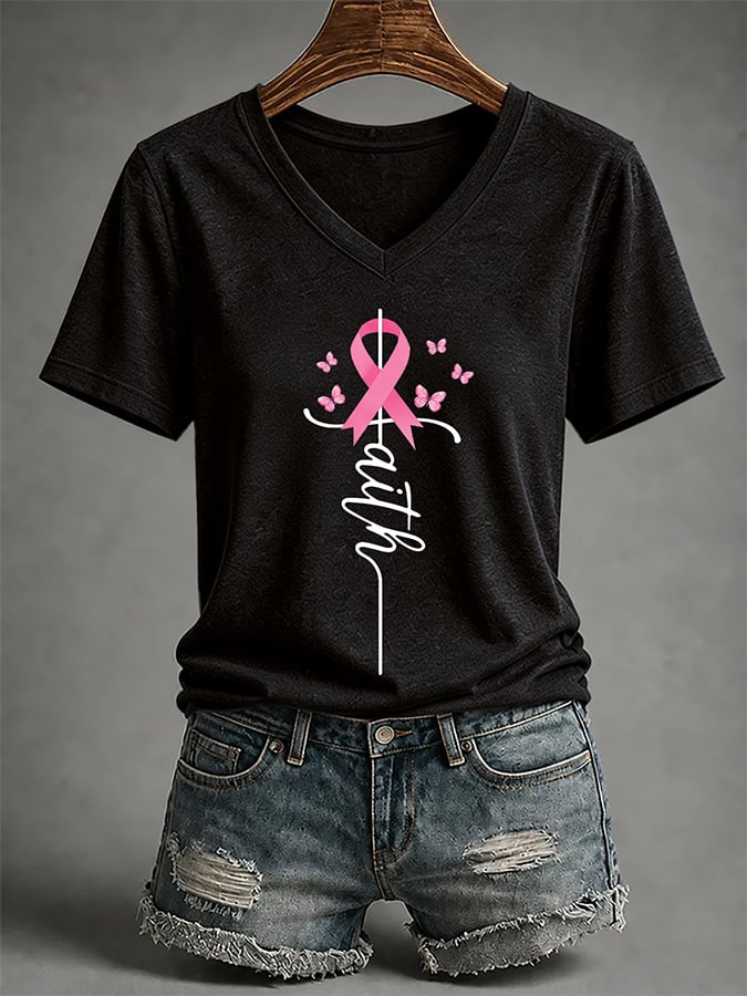 V-Neck Retro Pink Ribbon Butterfly Faith Support Breast Cancer Print T-Shirt