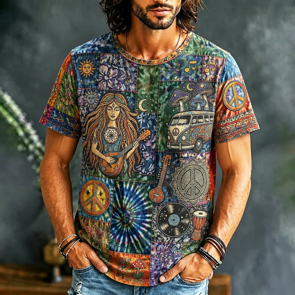 Men's Hippie Vibes Bus Mushroom Tie-dye All Over Print Cargo T-shirt