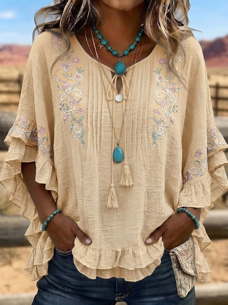 Women's Western Vintage Floral Embroidered Ruffle Sleeve Top