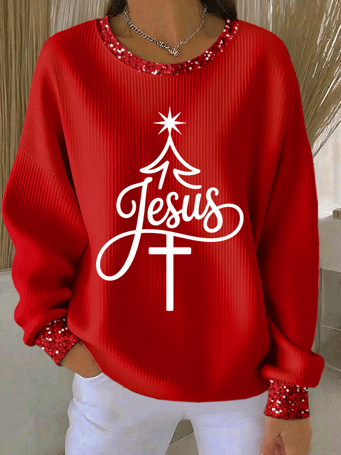 Women's Christmas Faith Print Knit Crew Neck Long Sleeve Top