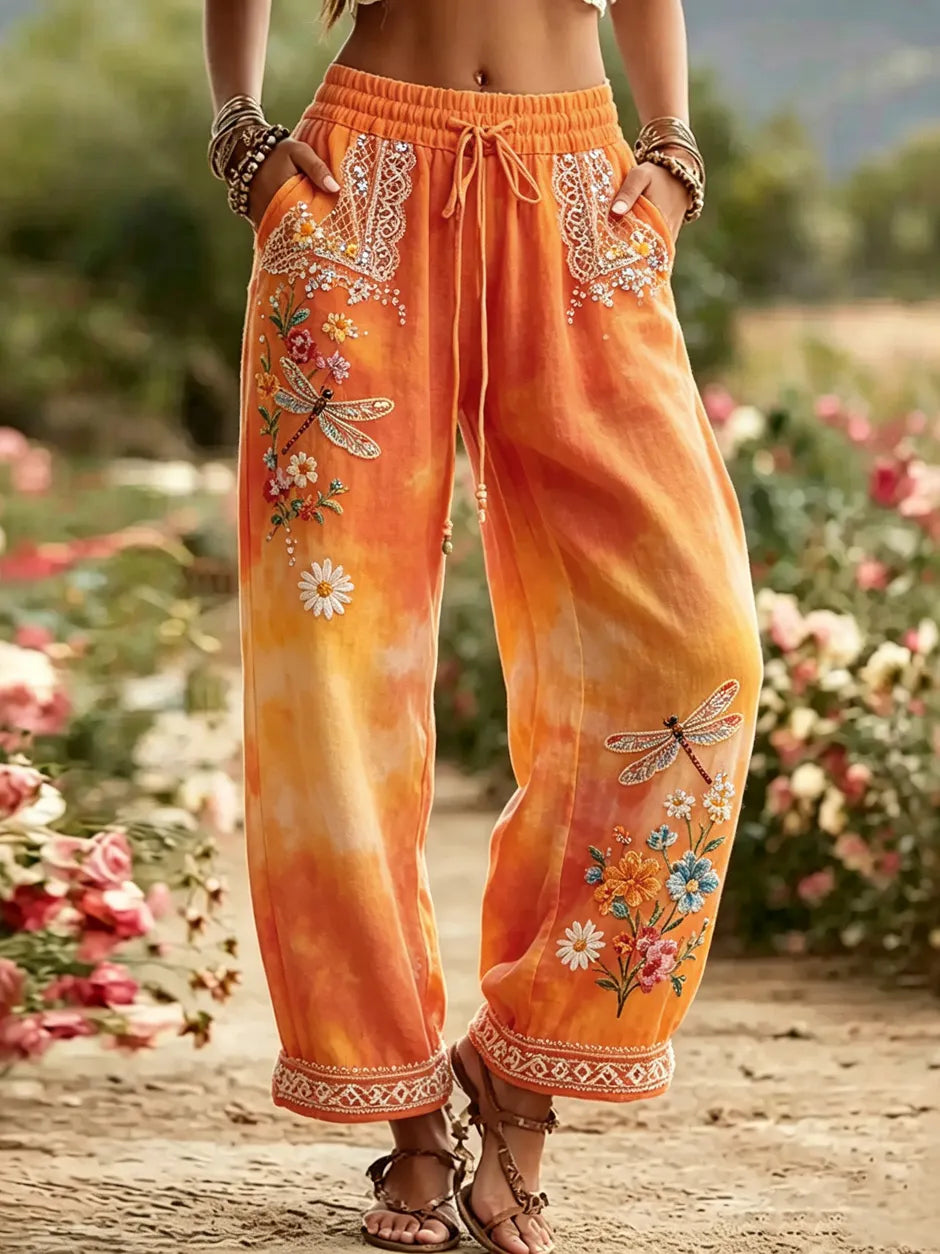 Women's Vintage Floral Dragonfly Embroidery Art Cotton Linen Casual Pants