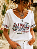 Women's Casual Simple 250 Flower Embroidered V-Neck T-Shirt