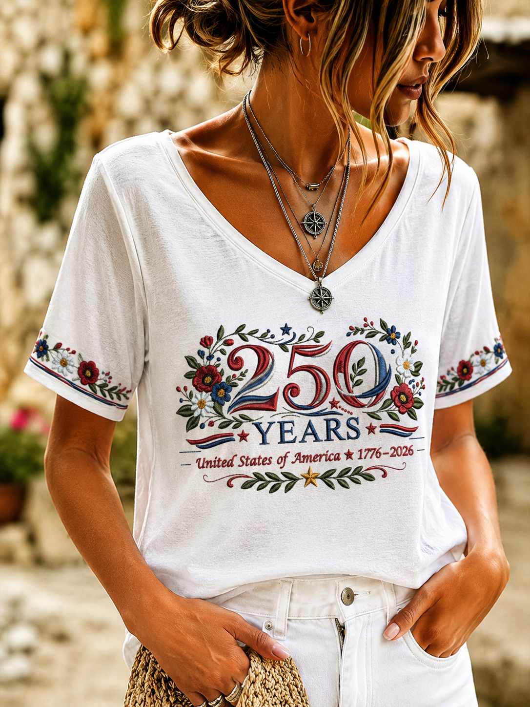 Women's Casual Simple 250 Flower Embroidered V-Neck T-Shirt