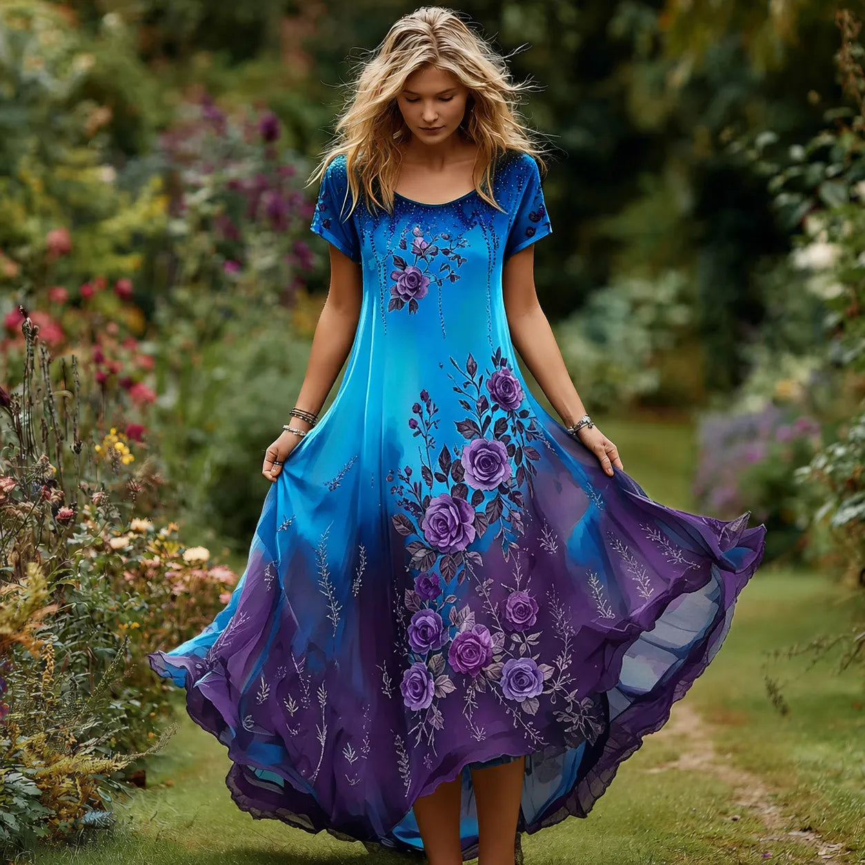 Women's Vintage Floral Embroidery Gradient Pattern Round Neck Dress