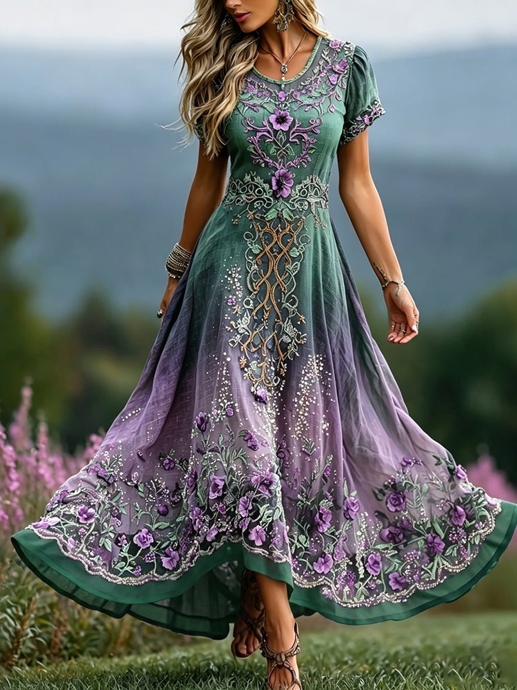 Women's Vintage Celtic Knot Floral Art Embroidered Linen Blend Maxi Dress