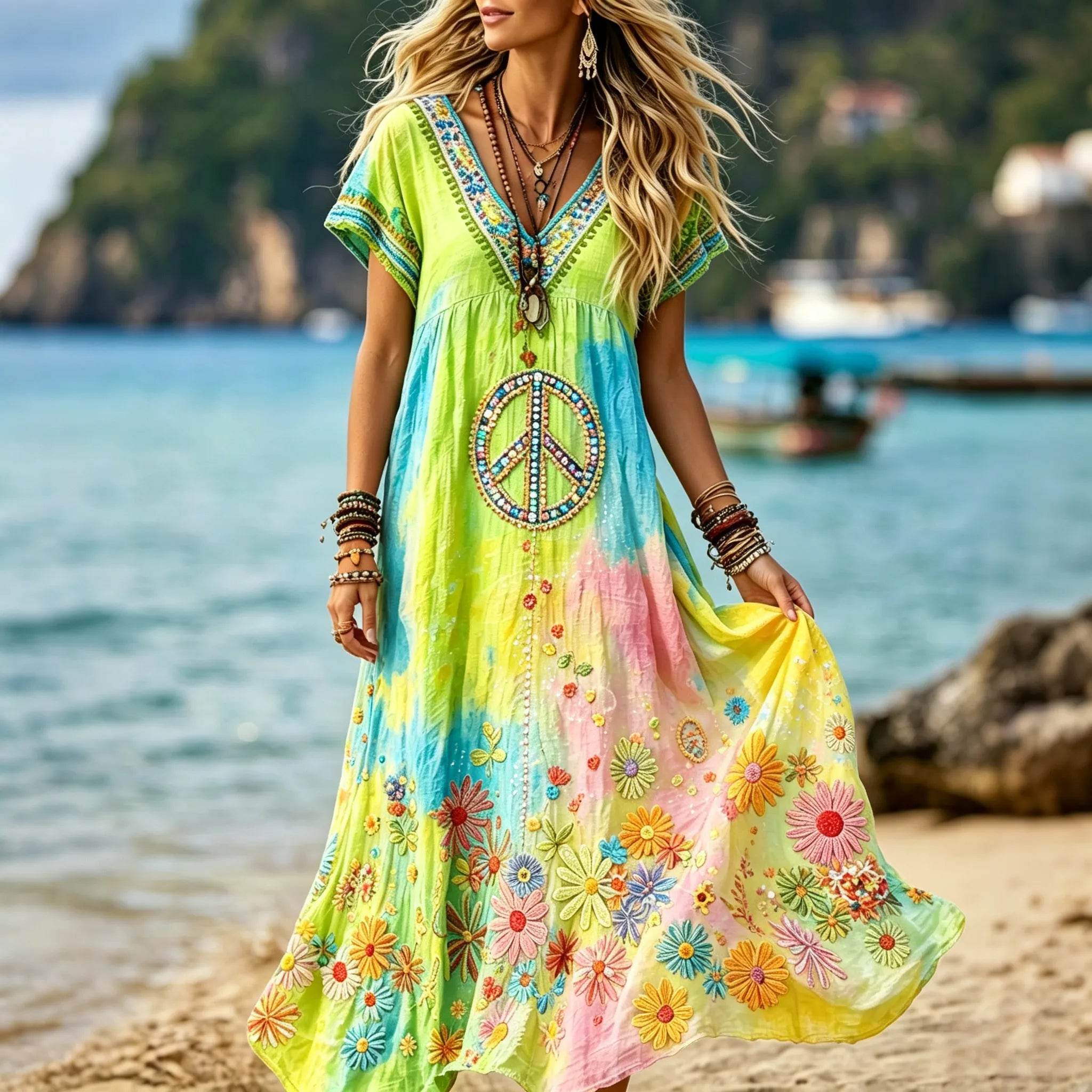Women's Retro Hippie Peace Floral Embroidery Art V Neck Short Sleeve Linen Blend Maxi Dress