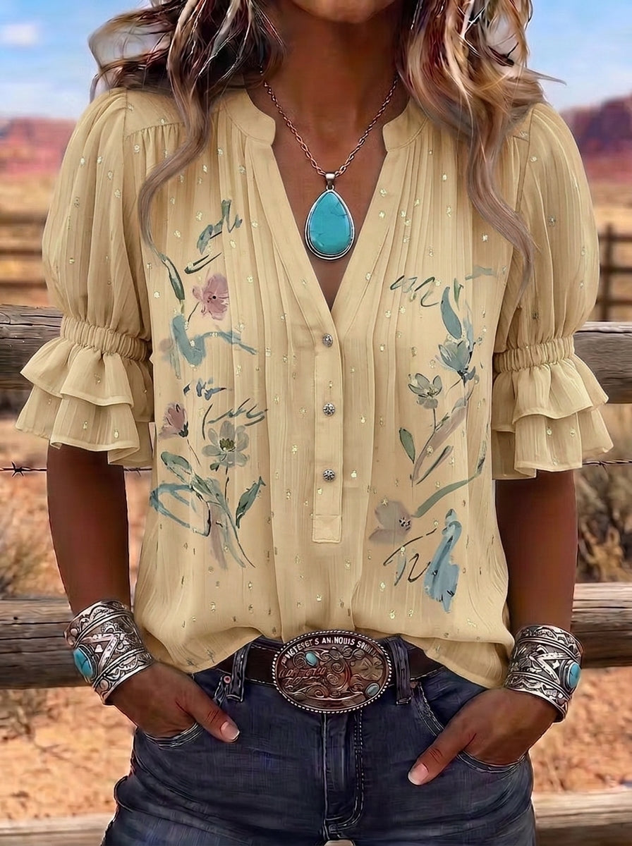 Women's Western Vintage Floral Gold-Speckled Printed Blouse