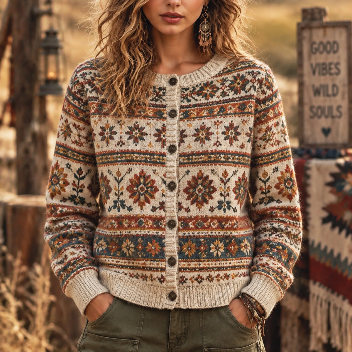 Women's Vintage Boho Fair Isle Floral Knit Cardigan
