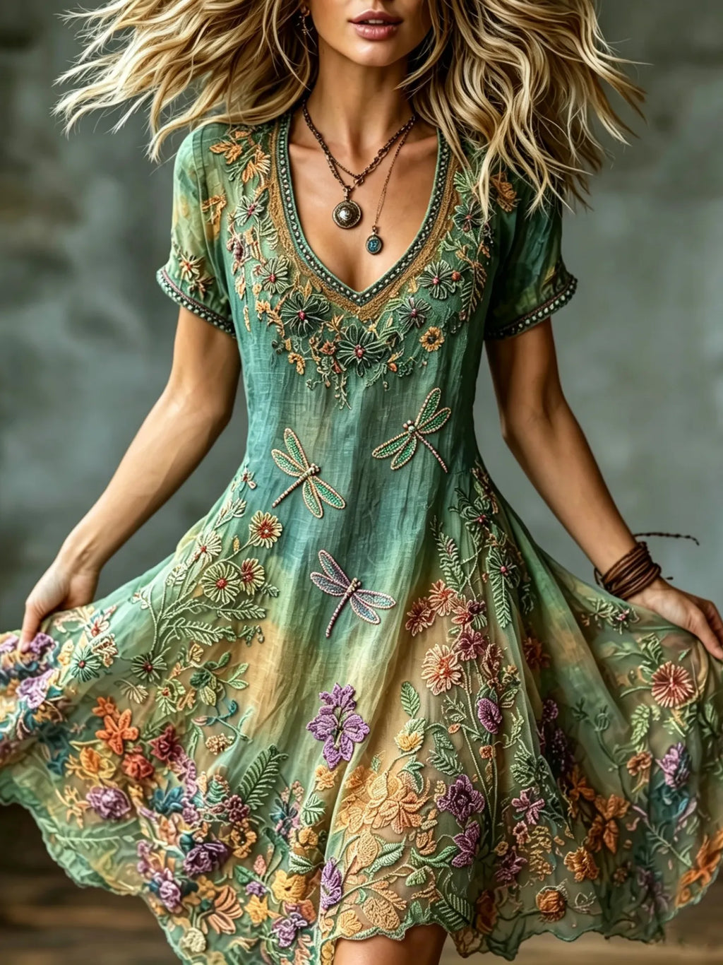 Women's Vintage Hippie Floral And Dragonfly In Patchwork Pattern Art Embroidered Linen Blend V Neck Mini Dress
