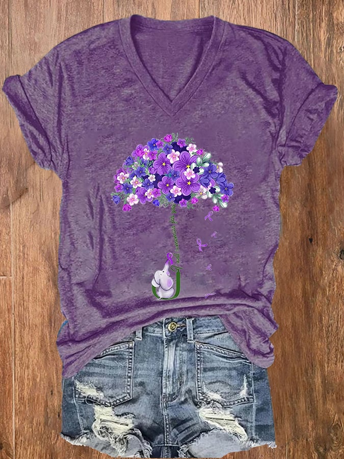 V-neck  Alzheimer's Awareness I Wear Purple For My Mother Print T-Shirt