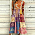 Women's Vintage Hippie Sun Moon Stars And Floral Art Cotton Linen Patchwork Crew Neck Dress