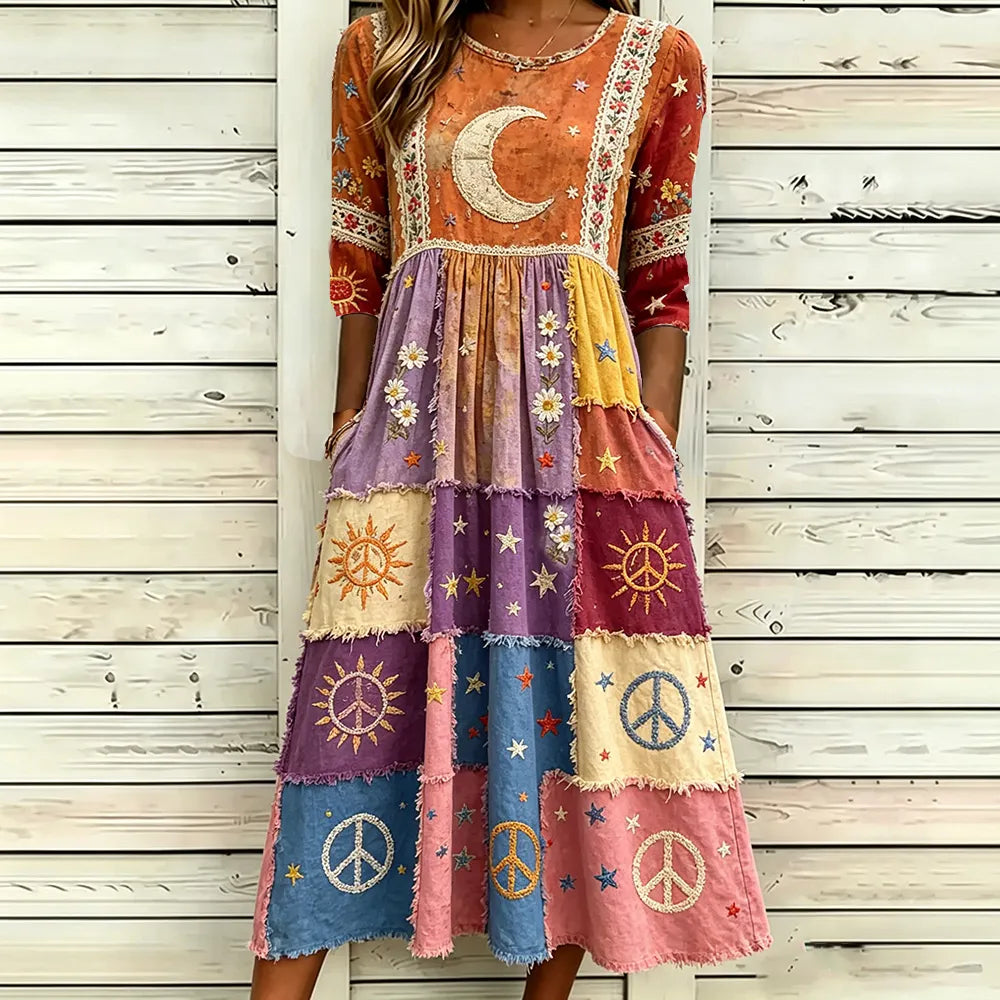 Women's Vintage Hippie Sun Moon Stars And Floral Art Cotton Linen Patchwork Crew Neck Dress