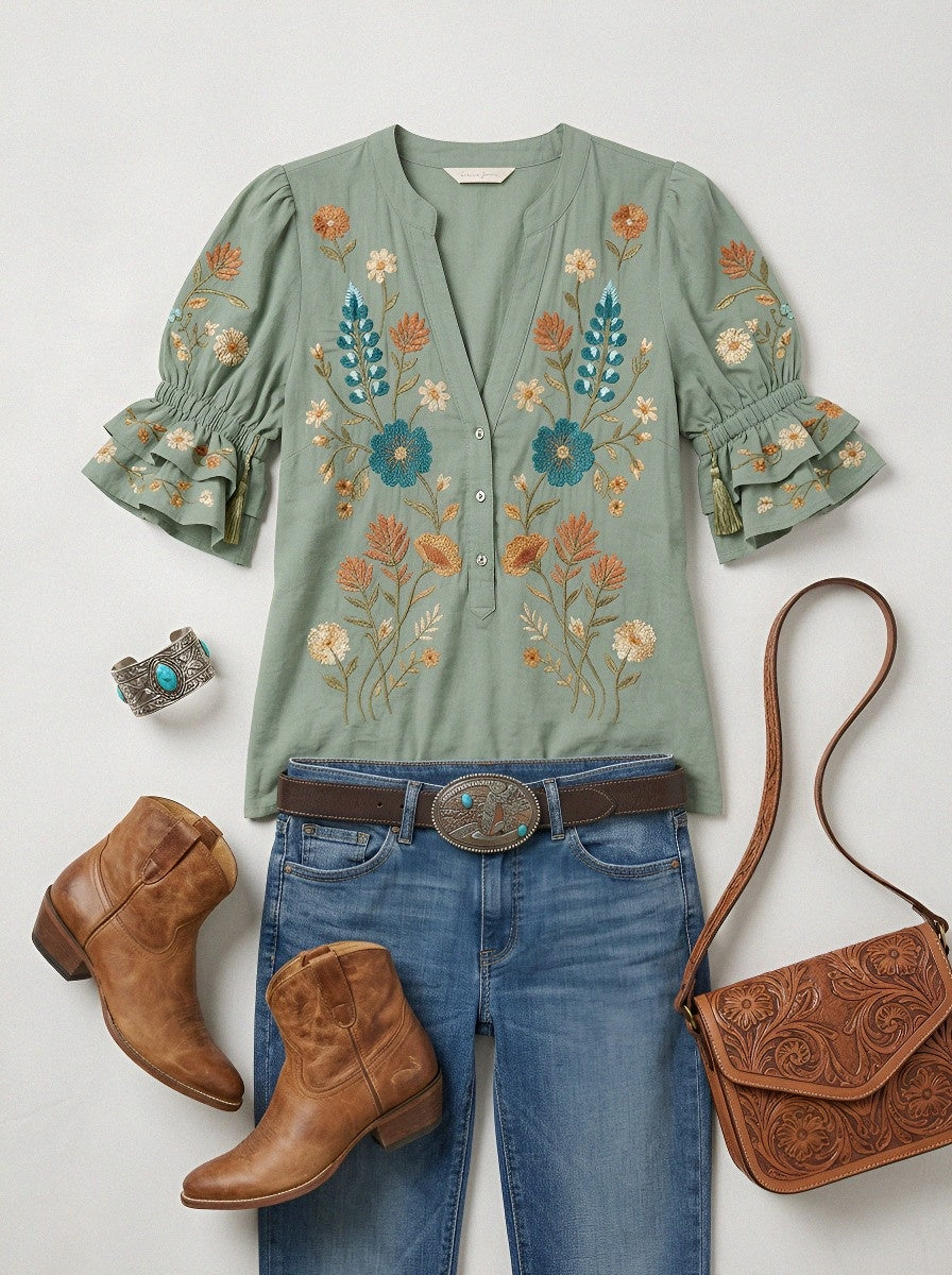 Women's Western Vintage Floral Embroidered Printed Top