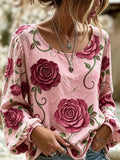 Women's Pink Oil-Painting Floral Print Casual Top