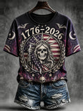Women's Crewneck Short Sleeve T-shirt Featuring 1776-2026 Skeleton Statue Of Liberty And Flag