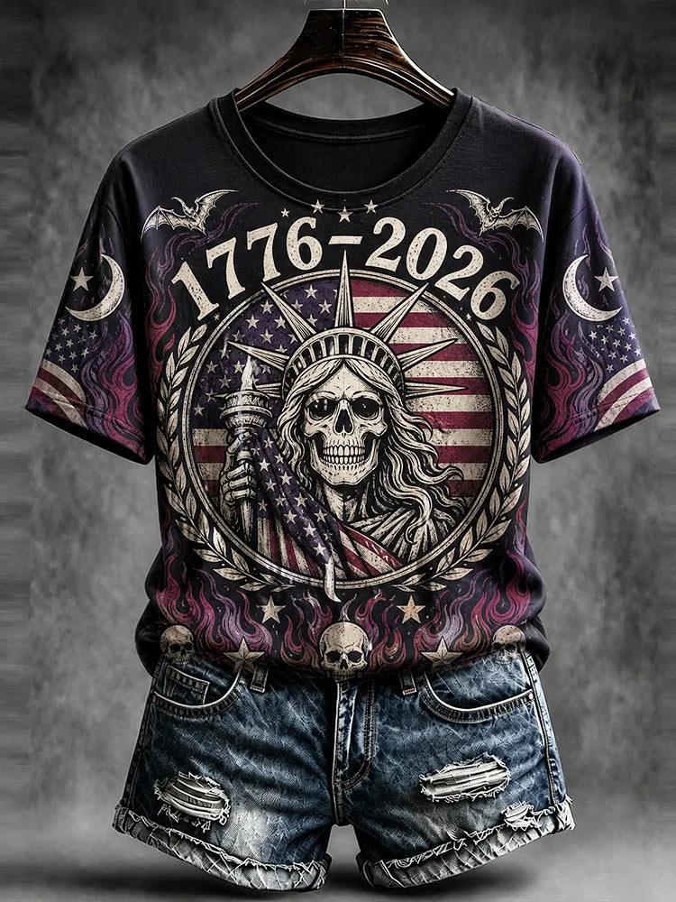 Women's Crewneck Short Sleeve T-shirt Featuring 1776-2026 Skeleton Statue Of Liberty And Flag