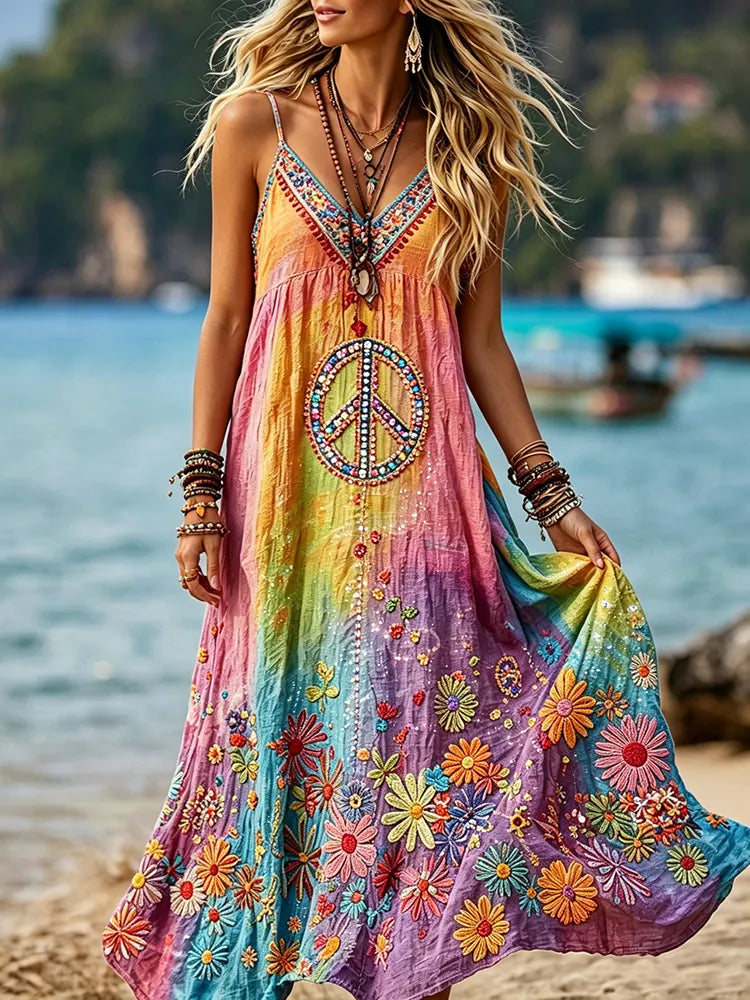 Women's Retro Hippie Peace Floral Embroidery Art V Neck Linen Blend Cami Maxi Dress