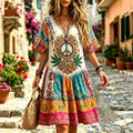 Women's Retro Patchwork Floral Hippie Cotton Linen Dress