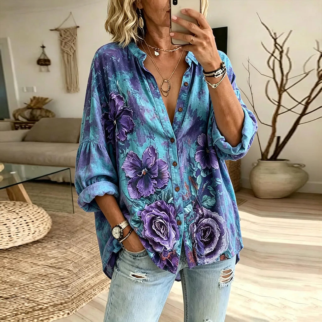 Women's Vintage Purple Rose Oil Painting Pattern Casual Shirt