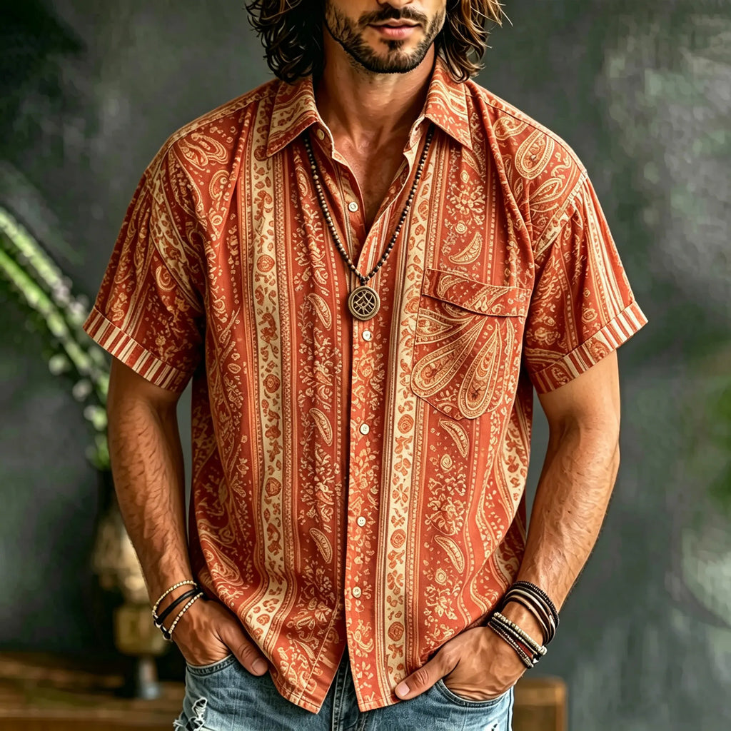 Men's Retro Paisley Striped Short Sleeve Linen Shirt, Boho Vintage Button Down Pocket Shirts