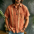 Men's Retro Paisley Striped Short Sleeve Linen Shirt, Boho Vintage Button Down Pocket Shirts