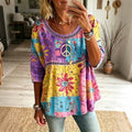 Women's Floral Patchwork Hippie Design Cotton Linen T-shirt