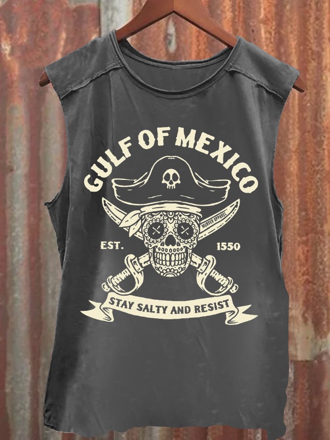 Men'S Retro Gulf Of Mexico Est 1550 Stay Salty And Resist Print Sleeveless Tank Top
