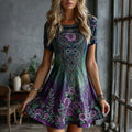 Women's Vintage Celtic Knot Floral Gradient Art Flowy Linen Blend Casual Round Neck Midi Dress