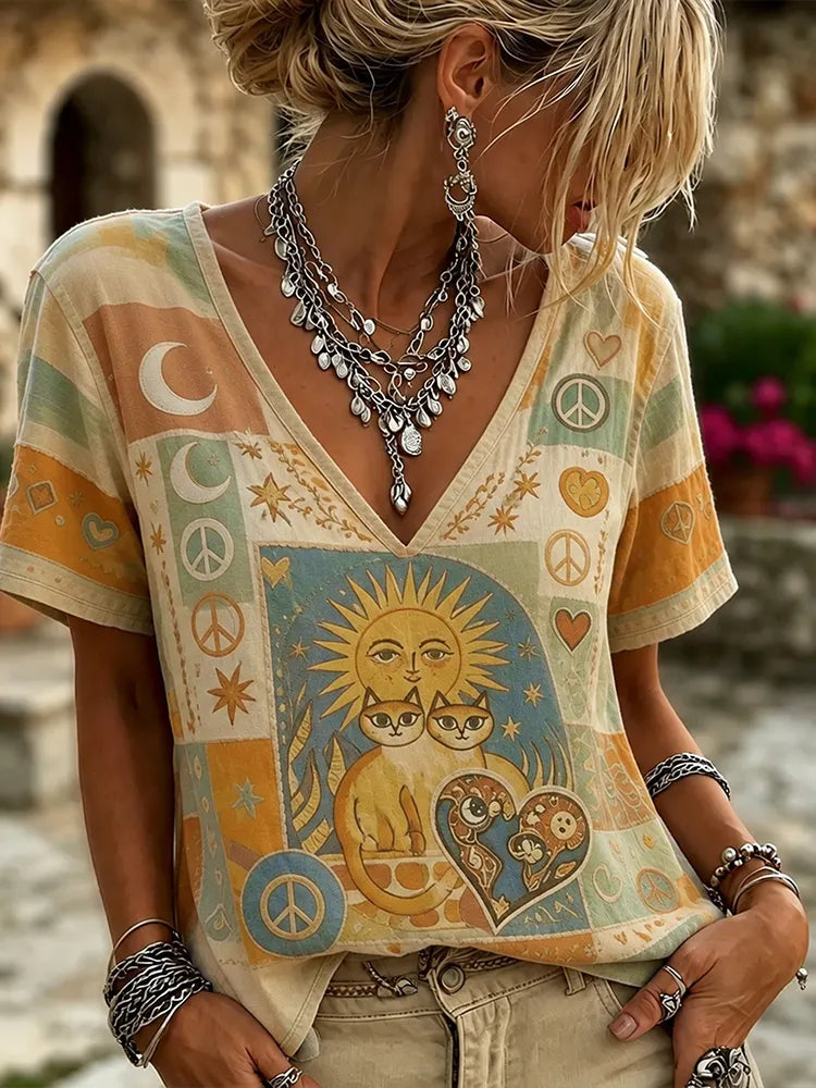 Retro Hippie Style Sun Cat Patchwork Peace Symbol Moon And Heart Pattern T-shirt