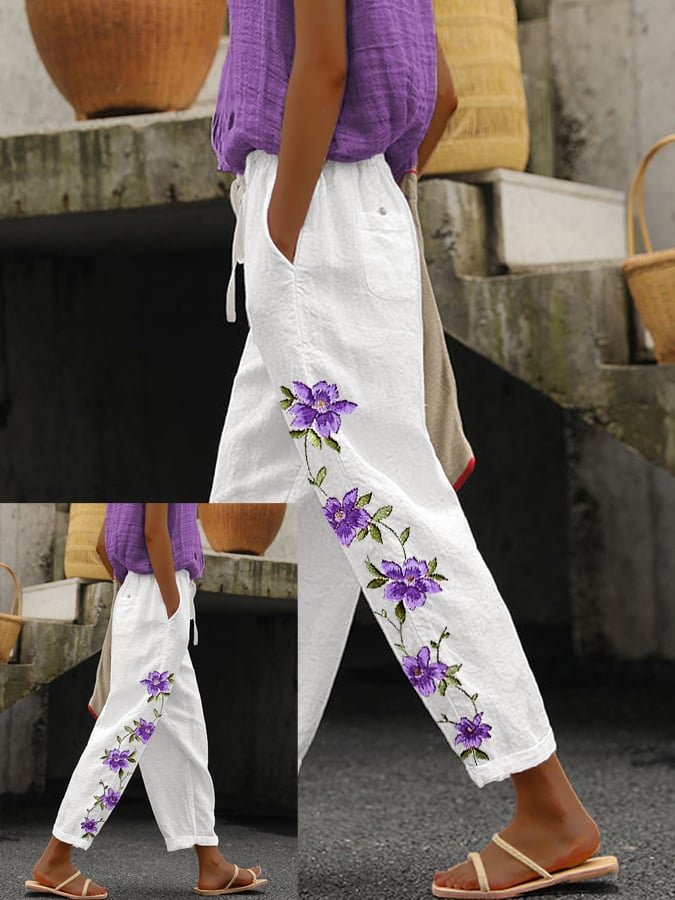 Women's Purple Floral Print Alzheimer's Awareness Support Pants