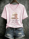 V Neck Retro I Will Always Love You Western Cowgirl Pink Cowboy Boots Print T-Shirt