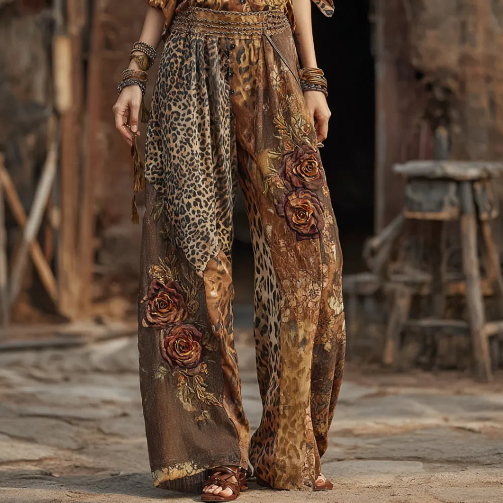 Women's Leopard Print And Rose Art Spliced Color-block Elastic Casual Pants