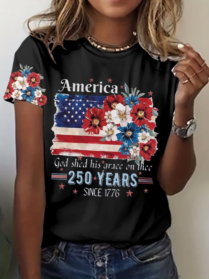 Women's 250th Anniversary National Flag Floral Print Casual T-Shirt