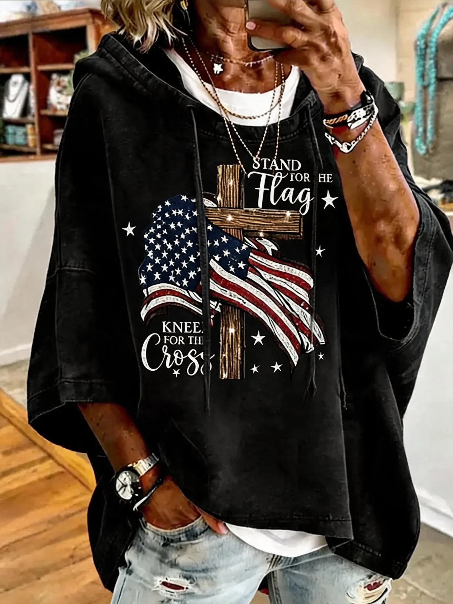 Women's Independence Day Faith Flag Print Oversized Hoodie