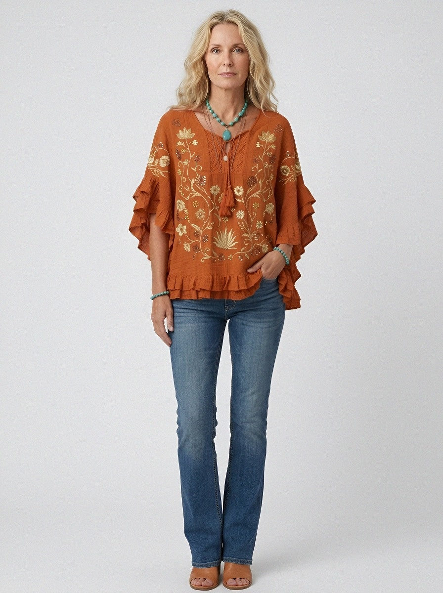 Women's Western Vintage Floral Embroidered Ruffle Sleeve Top