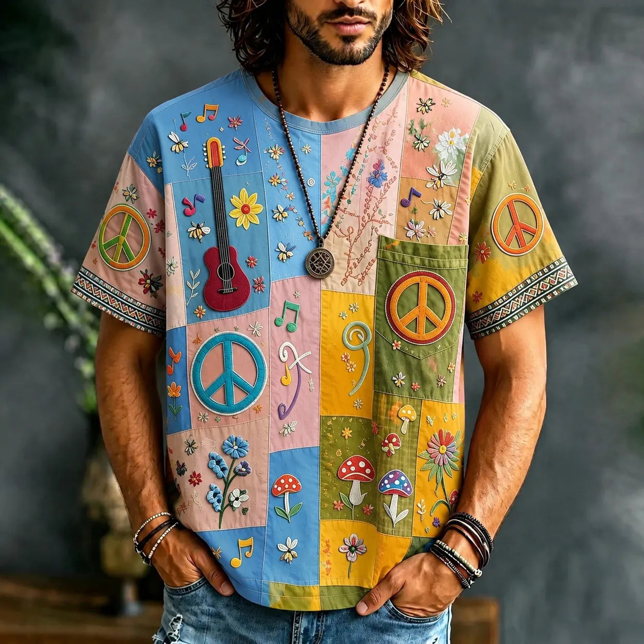 Men's Peace Sign And Guitar Hippie Patchwork Print Casual T-shirt