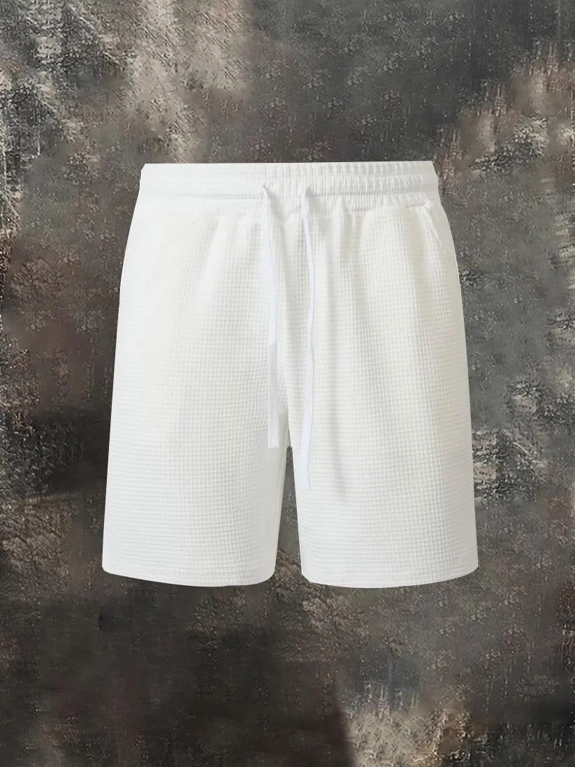 Men's Casual Solid-Color Waffle-Knit Drawstring Shorts with Pockets
