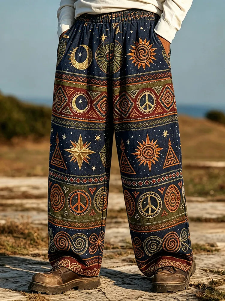 Men's Retro Hippie Style Pattern Printed Linen Blend Casual Trousers