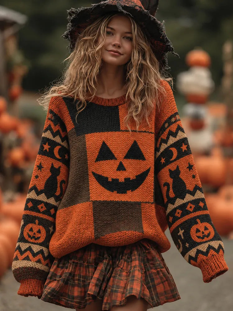 Women's Vintage Halloween Pumpkin Face With Cat Print Knitted Comfort Round Neck Sweater