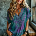 Women's Vintage Floral & Celtic Knot Embroidery Art V-neck Short Sleeve T-shirt