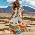 Women's Retro Hippie Floral Print Color Block Cotton Linen V Neck Dress