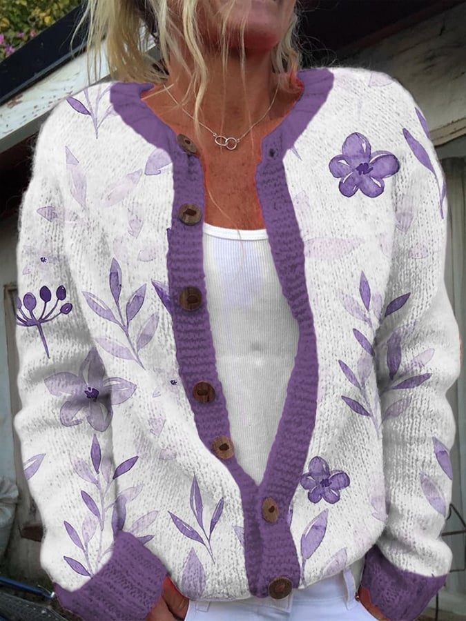 Women'S Vintage Purple Floral And Leaf Cozy Knit Cardigan