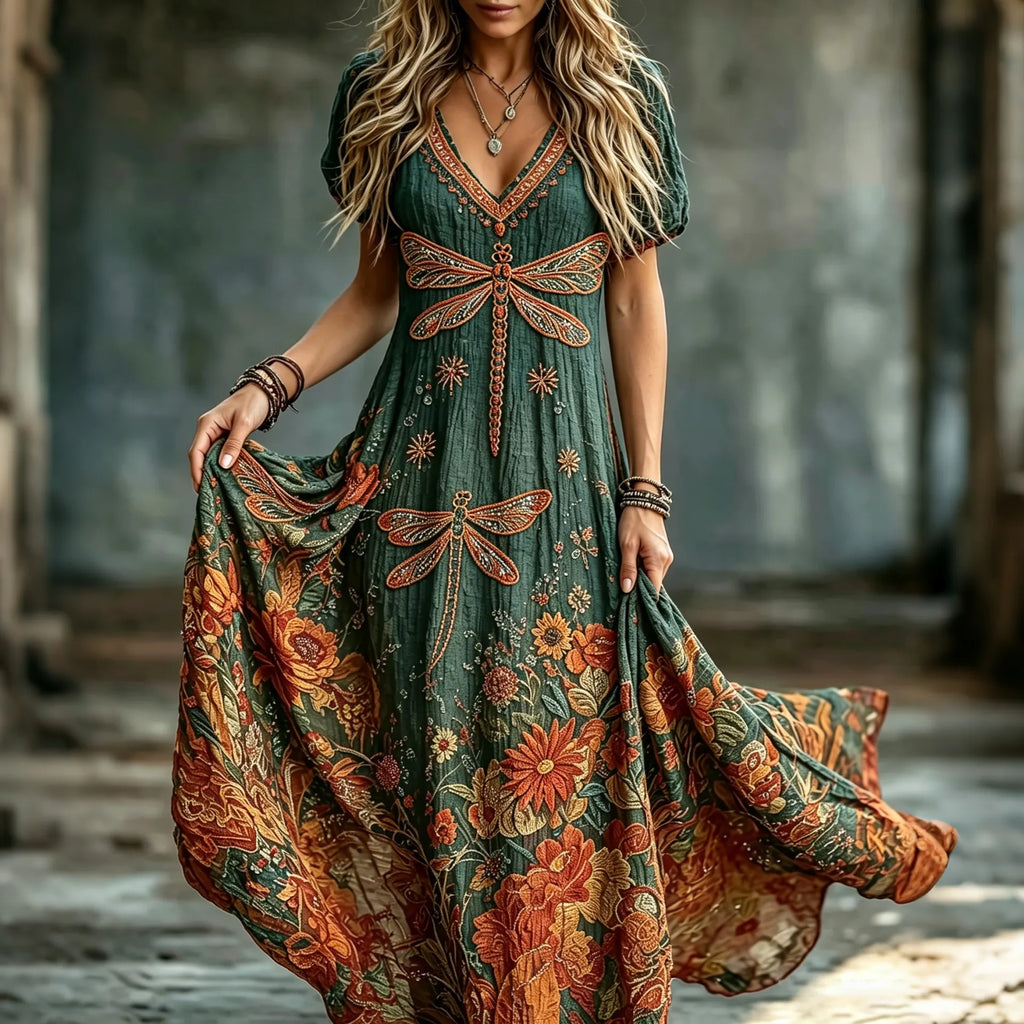 Women's Retro Hippie Floral And Dragonfly Pattern Art Embroidered Linen Blend Maxi Dress
