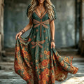 Women's Retro Hippie Floral And Dragonfly Pattern Art Embroidered Linen Blend Maxi Dress