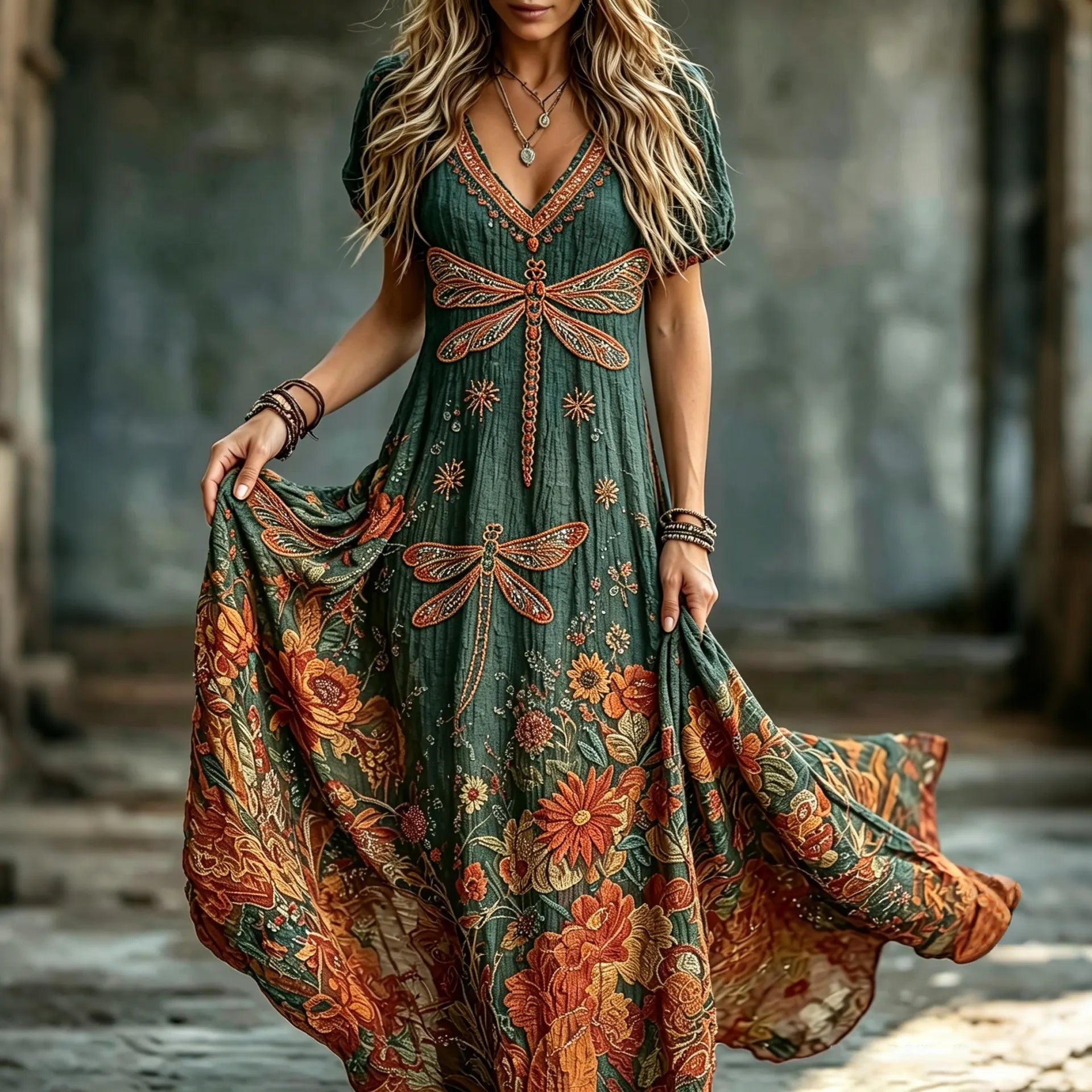 Women's Retro Hippie Floral And Dragonfly Pattern Art Embroidered Linen Blend Maxi Dress