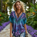 Women's Purple Floral Print Gradient V-neck Short-sleeve T-shirt