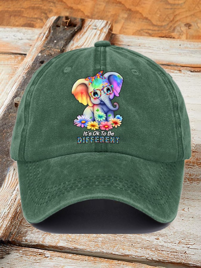 Retro Autism Awareness Elephant It's Ok To Be Different Print Baseball Cap