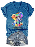 V-neck Autism Awareness Elephant  It's Ok To Be Different Print T-Shirt